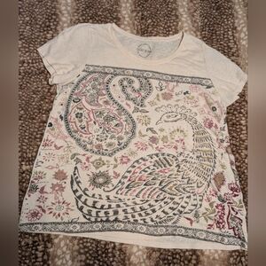 Lucky Brand Peacock Bird Print Tapestry Boho Cream Tee Shirt 2X